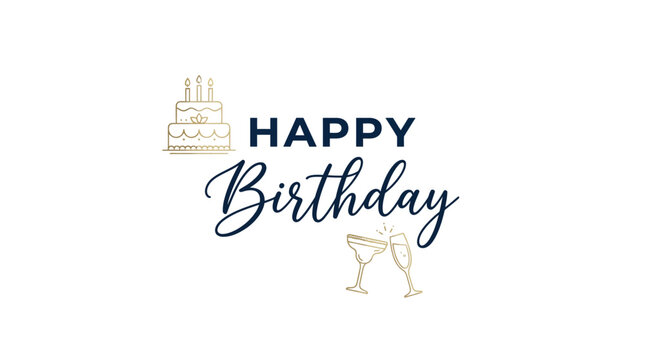 Elegant happy birthday greeting card featuring golden cake and champagne flute illustrations on white paper background