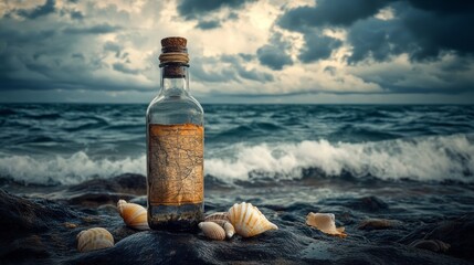 Obraz premium Old message bottle standing on rocky shore near rough sea and cloudy sky showing ocean mystery travel adventure hidden letter hope survival romance, dramatic nautical discovery and seashore scene