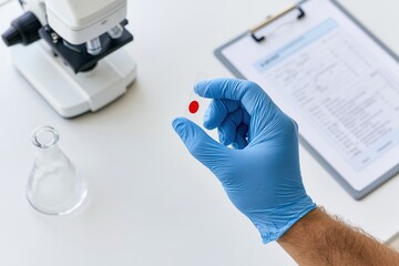 Fototapeta premium The Blood Sample Card Held By Gloved Hand In Laboratory Setting