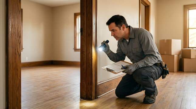 Home inspector using flashlight and clipboard to examine interior house structure with inspector inspection flashlight clipboard structure evaluation assessment building
