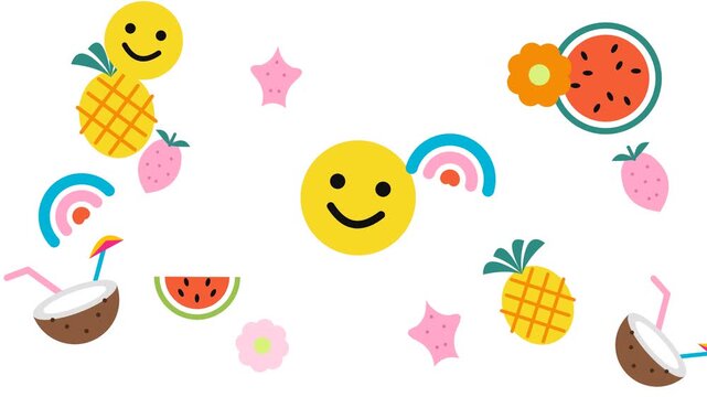 A playful animation of colorful summer-themed icons including smiling faces, tropical fruits, and flowers on a white background.