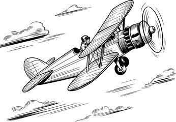 Vintage biplane flying through clouds vector illustration, retro aviation woodcut icon for pilot branding © Mst
