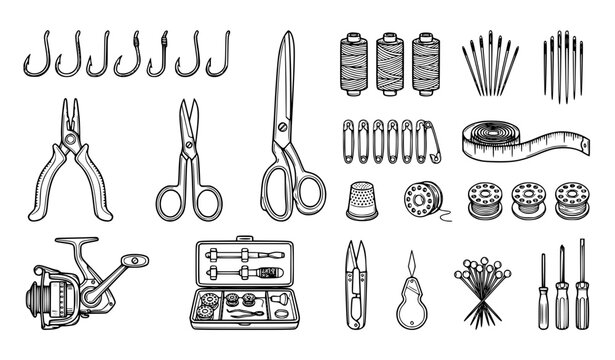 Fishing Equipment and Tackle Line Icons Vector Set