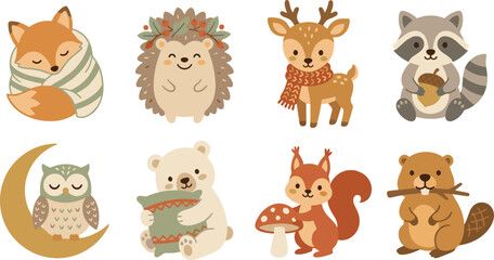 Obraz premium Cute Woodland Animal Characters Set with Fox Deer Owl and Forest Friends