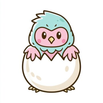 A baby owl chick hatches from its shell in spring. This design shows the chick with bright colors and bold outlines, ready for the season.