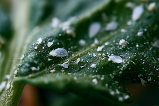 Close-up view shows whiteflies on underside of green leaf during daylight, highlighting pest issues in garden and potential for plant damage