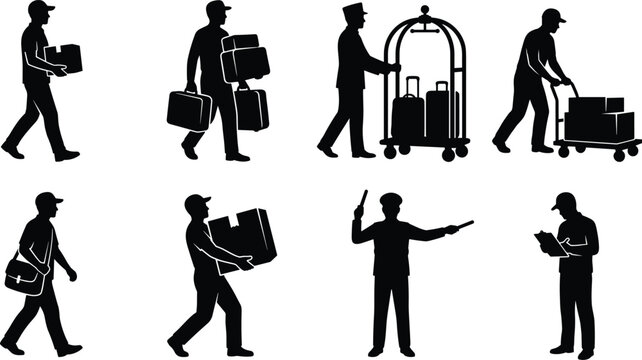 Delivery and Logistics Worker Silhouette Set with Courier and Hotel Service Icons