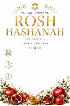 Elegant Rosh Hashanah invitation template with pomegranates, honey and autumn foliage, featuring festive Jewish New Year design, luxury floral border, blank copy space and holiday celebration