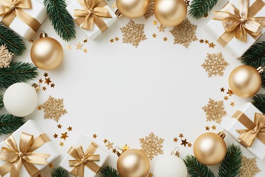 The Festive Christmas Gift Frame Adorned with Gold Ornaments and Evergreen Branches