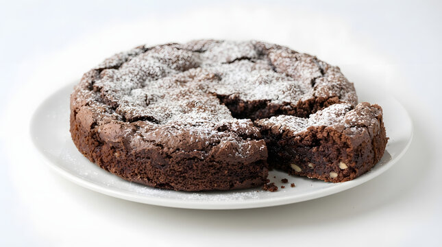 Torta caprese, soft dark chocolate with almond nuts cake on a white plate on white background. European cuisine, chocolate dessert, and baking ideas