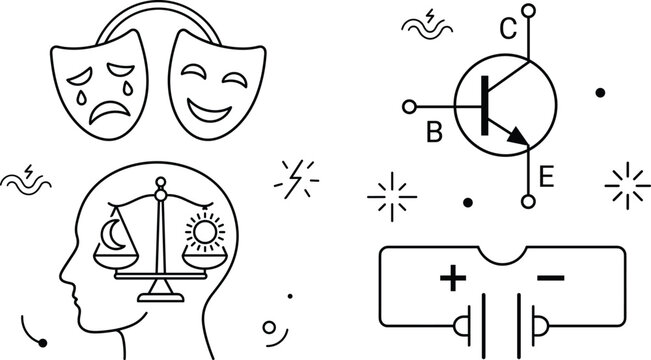 Bipolar Disorder Mind Balance and Electronics Transistor Line Icon Set Vector Graphic Design