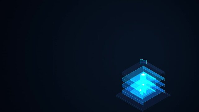 Isometric Server Tower Data Processing Animation with Floating Cloud Storage Folder Graphic