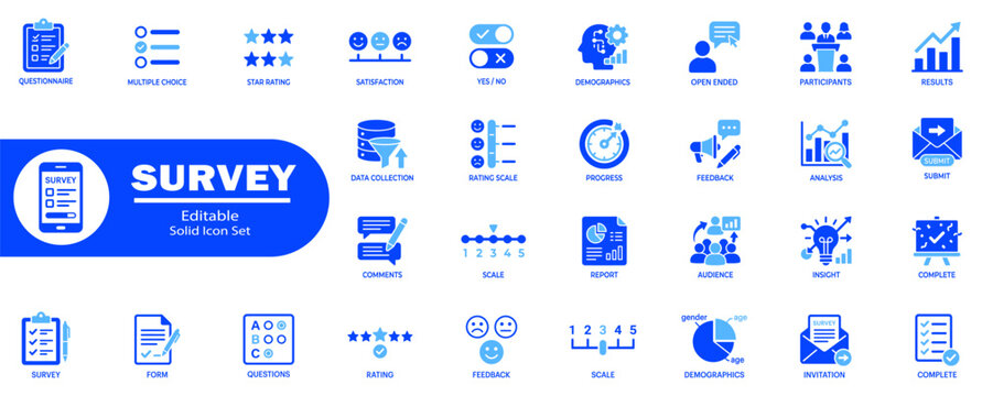 Survey icon set. Solid icons survey, such as a questionnaire, multiple choice, star rating, satisfaction, and testing. Editable Stock. Vector Illustration.