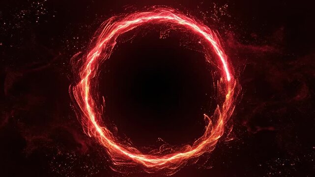 Red glowing energy particles converge and form a circular shape, creating a dynamic visual effect against a dark background in a seamless progression of motion
