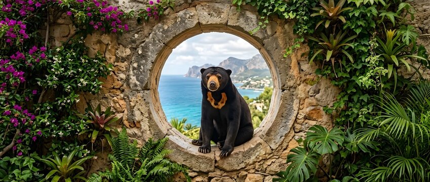 Sun bear sits in circular stone archway overlooking tropical ocean view