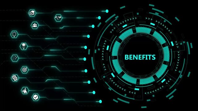BENEFITS. Concept with people, letters and icons. Colored flat neon animated . Isolated on black background.