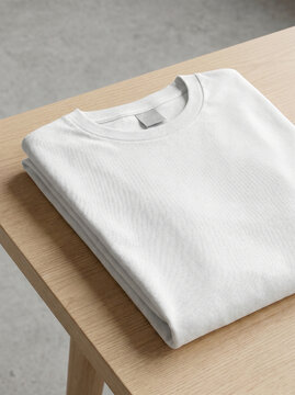 Plain white folded crewneck t shirt with blank gray neck label, lying on a light wooden table corner, high angle perspective view
