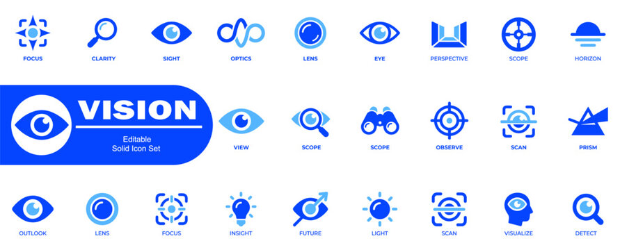 Vision and sight icon set. Editable solid design representing focus, clarity, perspective, and surveillance technology. Editable Stock. Vector Illustration.