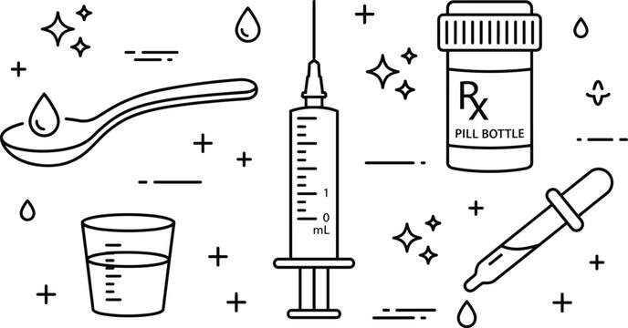 Medical Dose and Liquid Medicine Icon Set for Pharmacy Healthcare Graphic Vector Designs