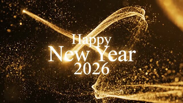 Golden sparkles and light trails animate the text "Happy New Year 2026" in a festive display, creating a celebratory atmosphere for the New Year