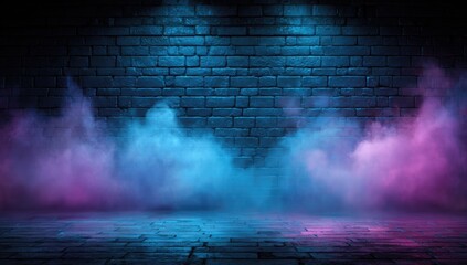 Fototapeta premium Atmospheric image of a brick wall illuminated by blue and purple light with ethereal fog