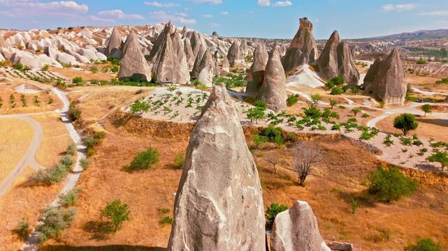 Aerial image of Cappadocia, Turkey fairy chimney field. Rocky spires, small shrubs and ochre ground show the region&rsquo;s famous terrain.