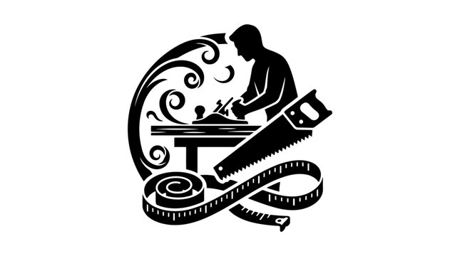 Carpenter woodworking badge logo vector illustration, craftsman planing wood timber with hand saw hand plane and tape measure isolated