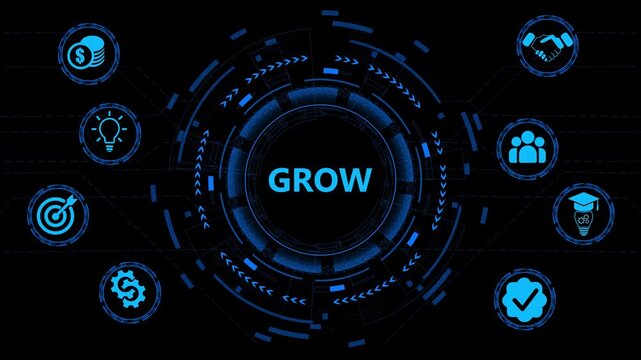 GROW, goal, reality, options, and will. Concept with people, keywords and icons. Flat icons and neon animated. Isolated on black background.