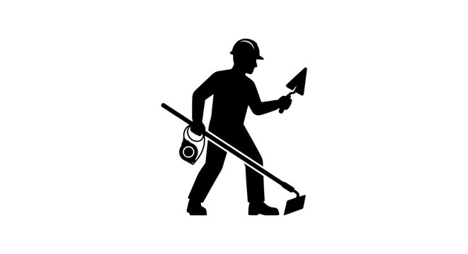 Construction worker and bricklayer silhouette holding trowel hoe and bucket vector illustration, mason plasterer building house site worker isolated