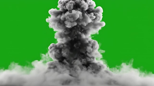 Smoke plume rising dramatically from the ground against a bright green background, showcasing the evolving shape and density of the smoke in three sequential frames