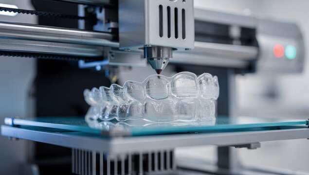 High precision 3D printing of dental molds and clear aligners in modern laboratory close up view of automated orthodontic production process advanced medical technology and digital dentistry workflow