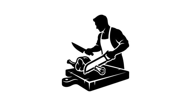 Black silhouette of a butcher cutting meat.