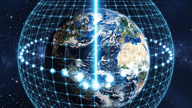 Earth with glowing grid and light beam, showcasing a dynamic visual progression of energy flow through the atmosphere and space in a cosmic environment