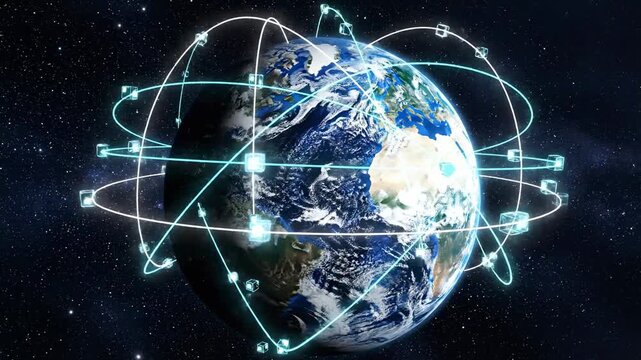 Earth rotating in space with dynamic satellite orbits and glowing connections, showcasing a vibrant view of continents and oceans against a starry background
