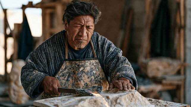 A Maori sculptor in a dusty foundry workshop pours molten material into a sand mold, sculpture casting process, industrial art production, metalwork craft, heritage artistic