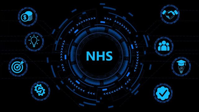 NHS, National Health Service. Concept with keywords, letters and icons. Colored flat vector icon animated. on black background.
