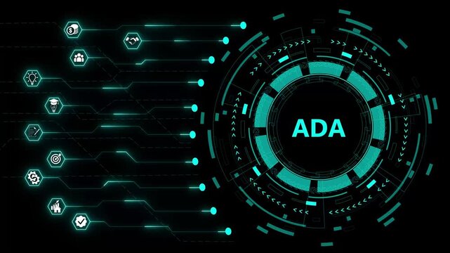 ADA, Americans with Disabilities Act. Concept with keywords, letters and icons. Colored flat vector icons animated. Isolated on black background.