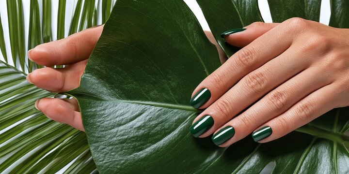 Elegant Woman Hand Holding a Green Leaf with Polished Glossy Dark Velvet Emerald Manicure in Nature