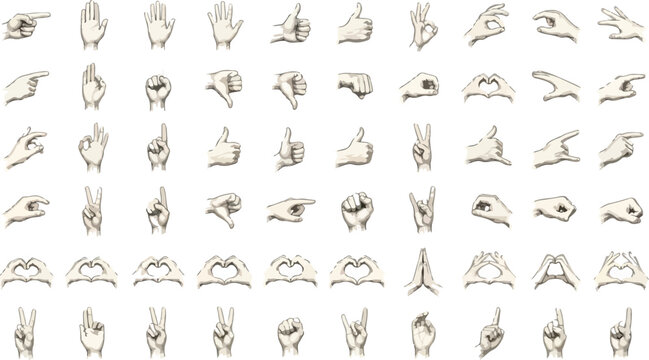 Cut out hand emoji gestures set. Various halftone hands signs vintage dotted stickers. Modern retro vector illustration for mixed media design, collage and scrapbook isolated on transparent background