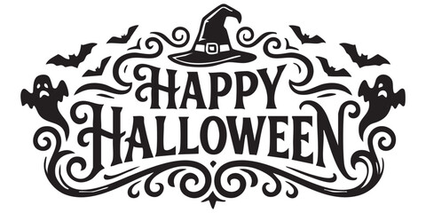 Happy halloween greeting card with witch hat and spooky ghosts in elegant vintage framing. © MdNoor
