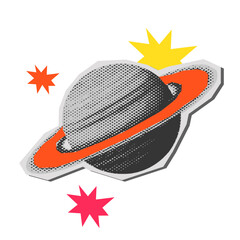 Y2K saturn planet halftone collage element. Stargazing funky scrapbook sticker with doodle. Cut out Vector Illustration. © husnaamaly
