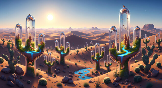 Futuristic Glass Cacti Shells Preserving Lush Micro Forests and Streams in a Sunlit Desert Dunefield