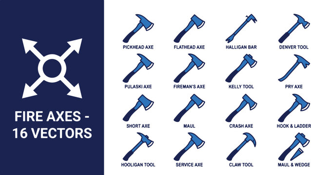 A collection of various fire axes and tools on display for industrial use indoors.