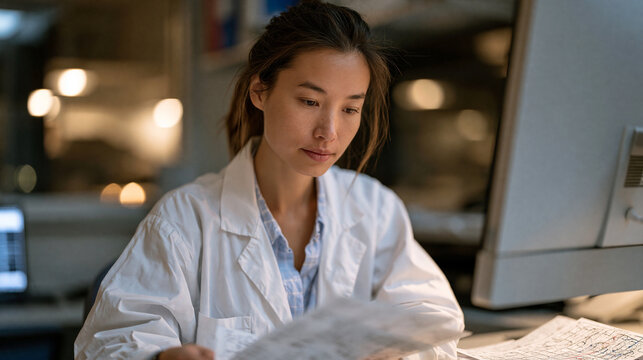 A sleep researcher reviews overnight polysomnography printouts at a desk in a clinical sleep laboratory, electrode charts spread beside a desktop display, sleep medicine,