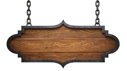 Isolated rustic vintage wooden sign with ornate dark metal frame hanging on chains © Francisco