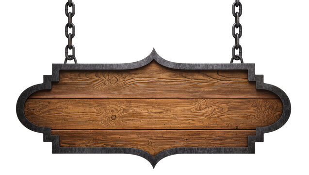 Isolated rustic vintage wooden sign with ornate dark metal frame hanging on chains