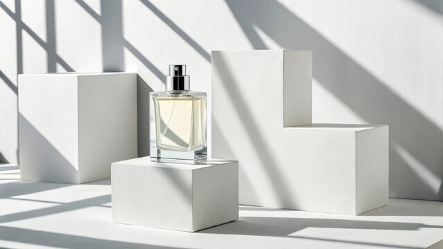 Elegant perfume bottle on white blocks