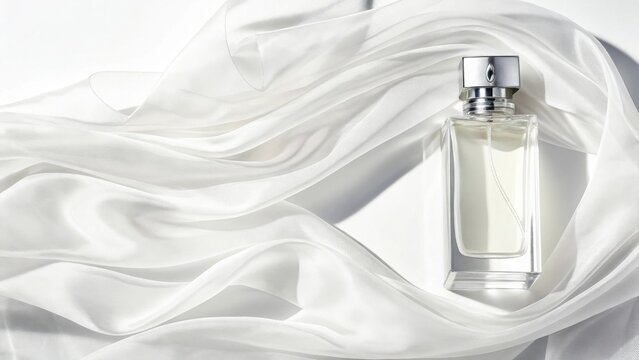 Elegant perfume bottle on white silk fabric