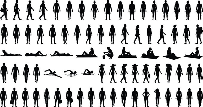 People at beach and summer vacation silhouettes, men and women sunbathing, swimming in ocean, walking group collection, illustrations