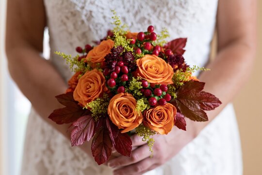 The Bridal Bouquet with Orange Roses, Autumn Berries, and Burgundy Leaves